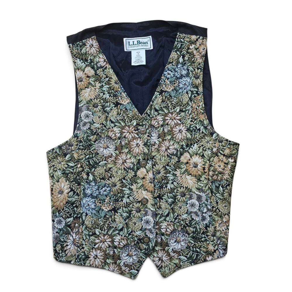 L.L.BEAN Floral Tapestry Vest Womens 10 VTG 90s USA Gobelin Cottagecore Heritage